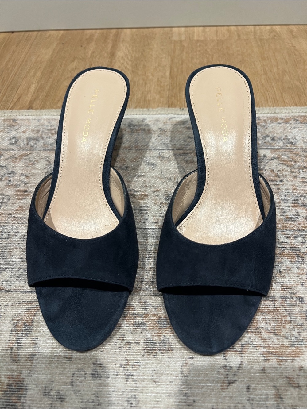 Pelle Moda Navy Suede Open Toe Kitten Heel Mules 5.5